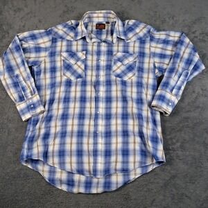 Plains Western Wear Pearl Snap Shirt Long Sleeve, Size XL, Blue Plaid Pattern